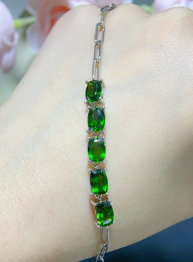 天然透辉石手链，925银镶嵌，主石尺寸5*7mm 天然支持检测