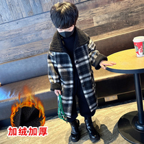 Boy double-sided wearing a sub coat 2023 new trendy plus suede thick mid-length child autumn winter plaid jacket