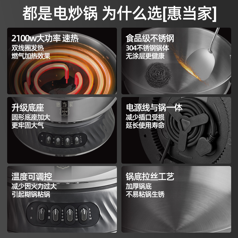 惠当家多功能家用电热锅加厚304不锈钢锅一体式电炒锅不粘电煮锅