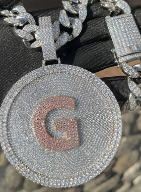 8cm圆盘高端定制中文英文字母满钻超大圆形锆石吊坠男士项链