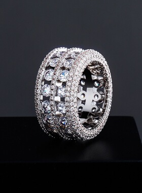 ICED饰品双层满钻嘻哈男戒镀金铜锆石宽版指环街头风穿搭戒指