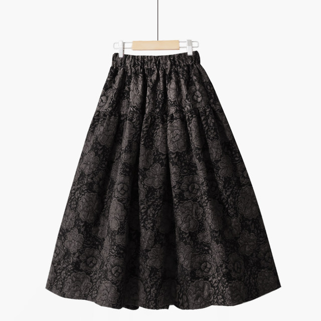 Autumn and winter Korean style retro solid color three-dimensional flower embroidered skirt elastic high waist slim puff skirt mid-length skirt