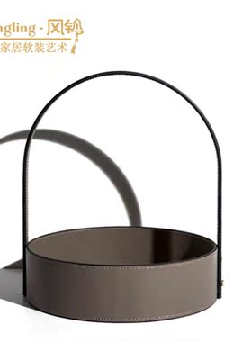 现代轻奢棕色皮革圆形矩形提篮托盘样板间客厅衣帽间装饰品