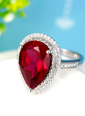 红宝石戒指925纯银镶嵌克拉彩宝水滴形珠宝指环镀18K白金女款