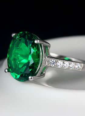 祖母绿戒指925纯银镶嵌克拉彩色宝石镀18K金女款椭圆珠宝指环