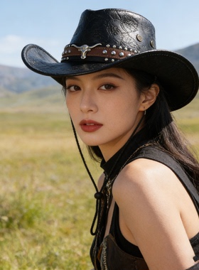 美式复古西部牛仔帽子女黑色皮质铆钉装饰爵士骑士帽春秋川西拍照