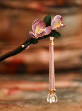 郁金香设计绒花檀木发簪