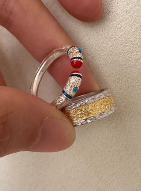 戒指开口金银纯银925叠电白拼色