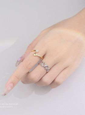 食指纯银戒六芒星学生环镂空S925