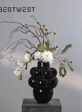 黑色花瓶摆件法式玻璃轻奢高级感插花水培复古鲜花高颜值餐桌艺术