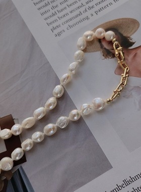 高品质淡水巴洛克不规则珍珠项链欧美时尚新品锁链轻奢百搭锁骨链