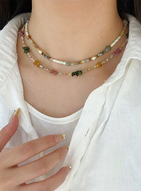 新款时尚精致多巴胺不规则天然石串珠叠戴项链轻奢高级感锁骨链女