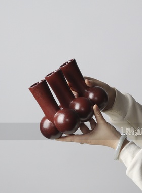 朗美侘寂风红色长条陶瓷花瓶插花酒店售楼处客厅玄关餐桌长型花艺