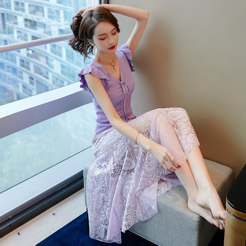 紫色蕾丝连衣裙2020新款女针织裙子 百诗哲连衣裙
