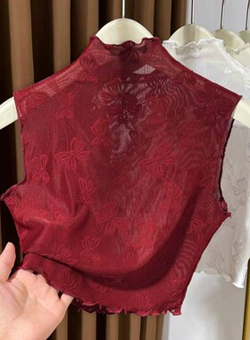 安可拉红蕾丝假领子女百搭高档耳边高领无袖背心上衣网纱打底