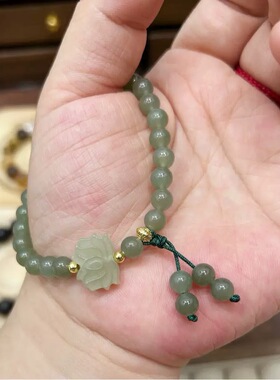 新款清新淡雅青绿莲花和田玉手链青玉文艺民族风气质闺蜜手串