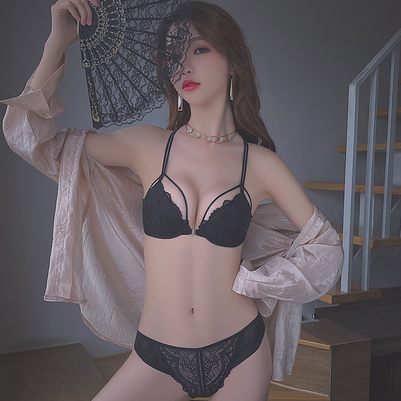透色内衣旗舰店前扣文胸美背半杯聚拢小胸性感蕾丝内衣有钢圈厚调整型内裤一套装2
