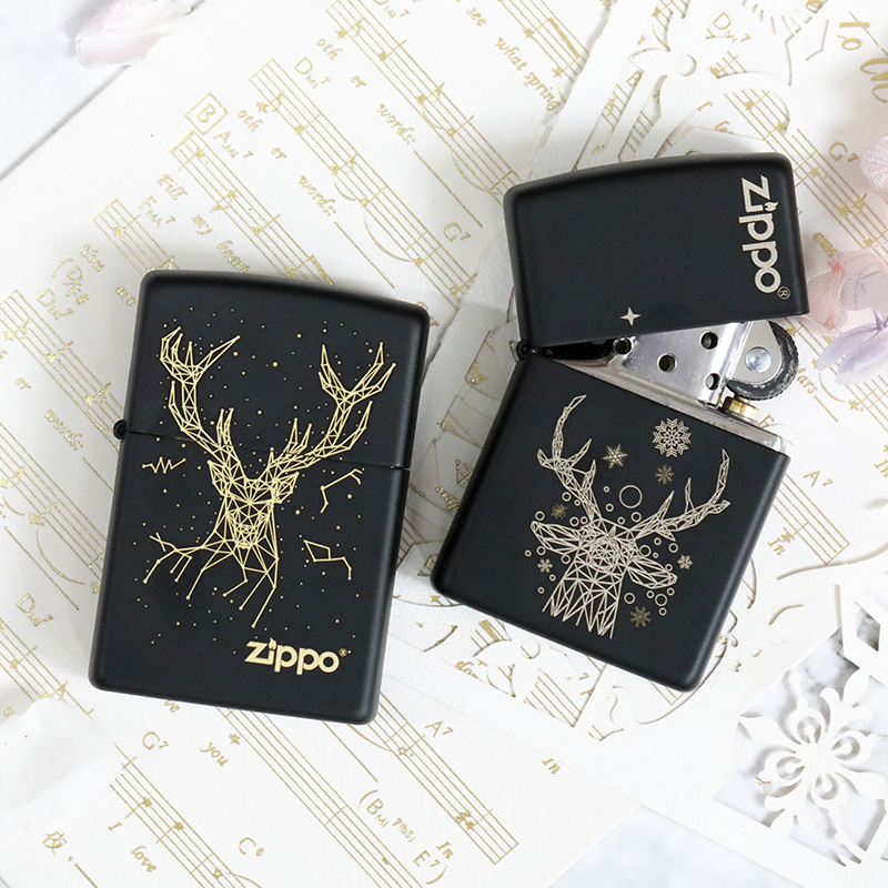 美国原机进口，高级户外工具：Zippo 黑裂漆一鹿有你 16孔防风打火机