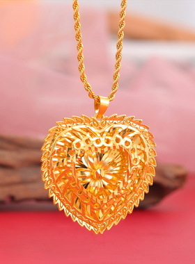 沙金桃心镂空花朵项链吊坠仿金