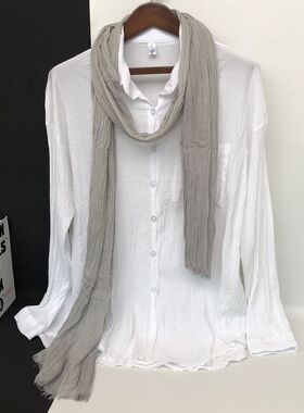 春秋姜黄色棉麻围巾女薄款夏季百搭装饰窄款护颈椎细长条褶皱丝巾