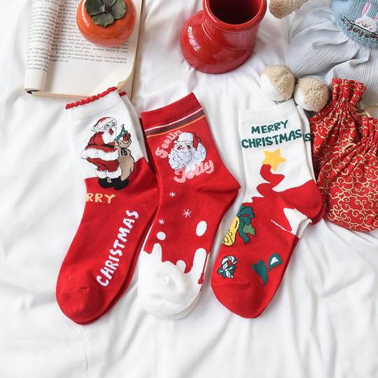 本命年红袜子女纯棉羽毛纱中筒袜可爱喜庆蛇年元旦秋冬礼物圣诞袜