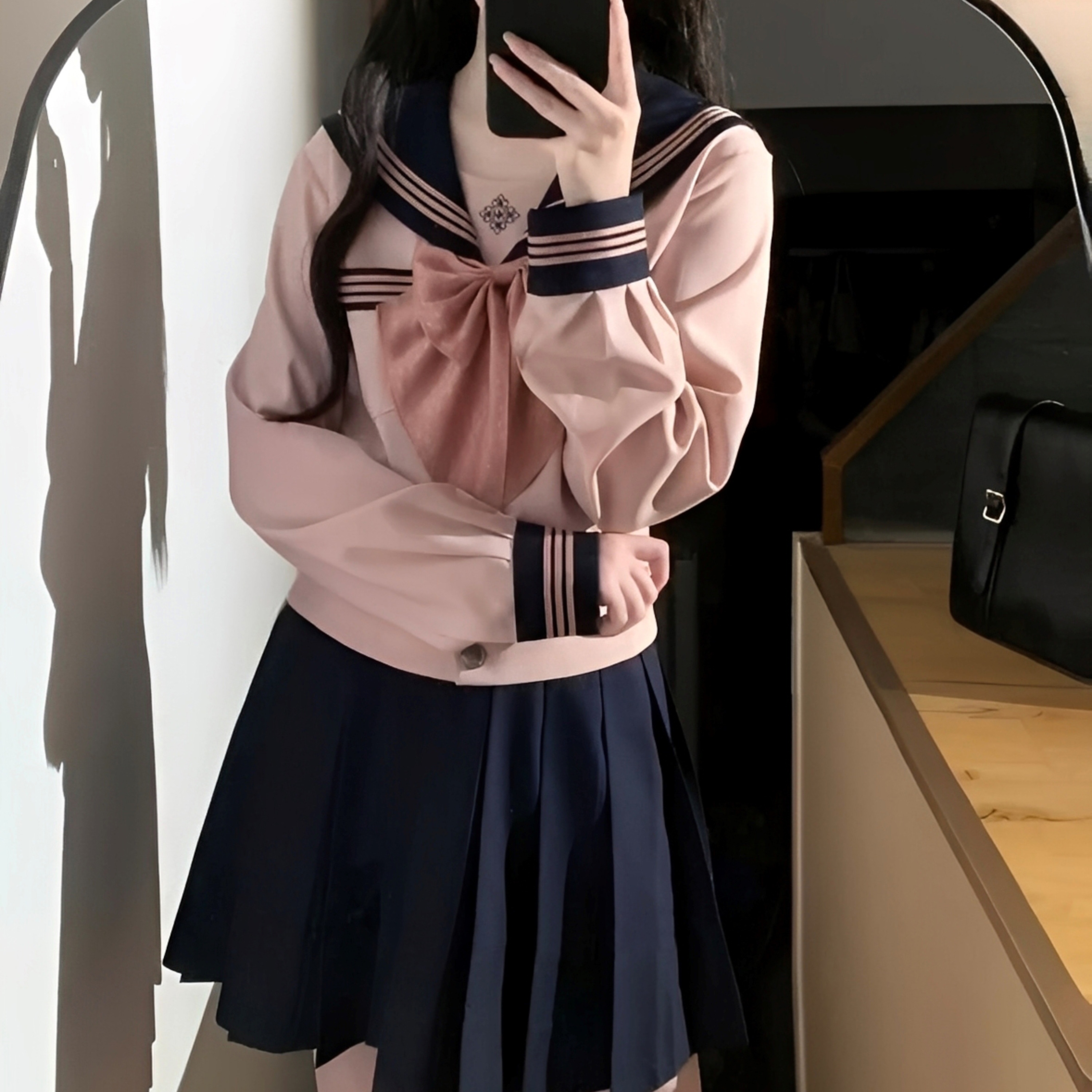 JK制服套装原创正版萌系粉色水手服日系学院风收腰长袖百褶裙女秋 - 图1