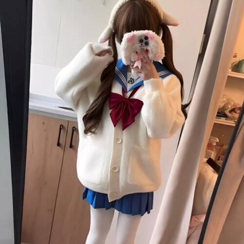 秋冬jk制服毛茸茸开衫毛衣女日系学院慵懒风小个子宽松毛绒绒外套 - 图0