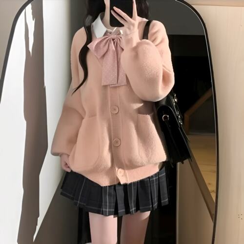 秋冬jk制服毛茸茸开衫毛衣女日系学院慵懒风小个子宽松毛绒绒外套 - 图2