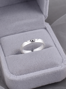 925纯银猫咪小狗情侣对戒女简约可爱开口戒指素圈指环送女友刻字