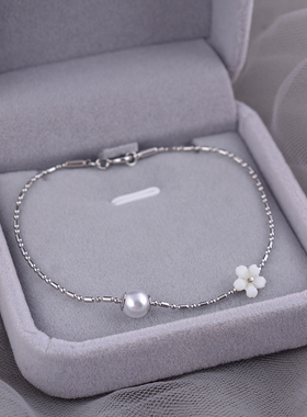 925纯银花朵手链女2025新款气质简约人工珍珠小花手饰高级轻奢ins