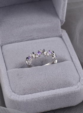 925纯银紫钻爱心戒指小众ins温柔对接闺蜜二人开口指环食指戒刻字