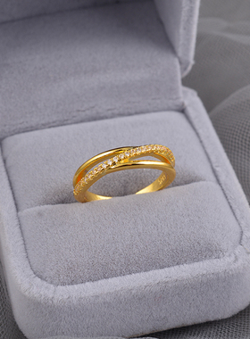 925纯银交叉细钻轻奢高级ins风精致时髦活口食指戒金色戒指女刻字