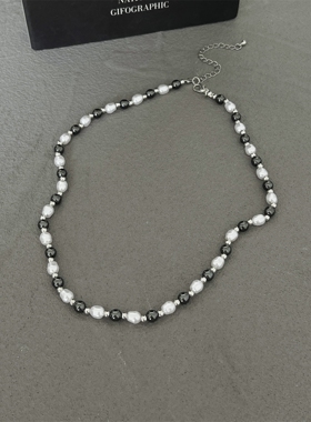 欧美新款黑胆石拼接珍珠项链