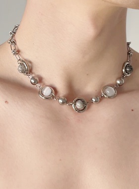 周深同款E5 STUDIO/E5集原创抬杠圈环钢球纹理石猫眼石项链