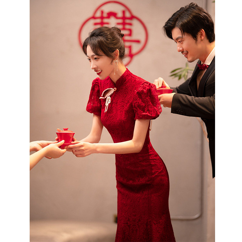 新娘2022新款酒红色蕾丝中式敬酒服 月满天心礼服/晚装