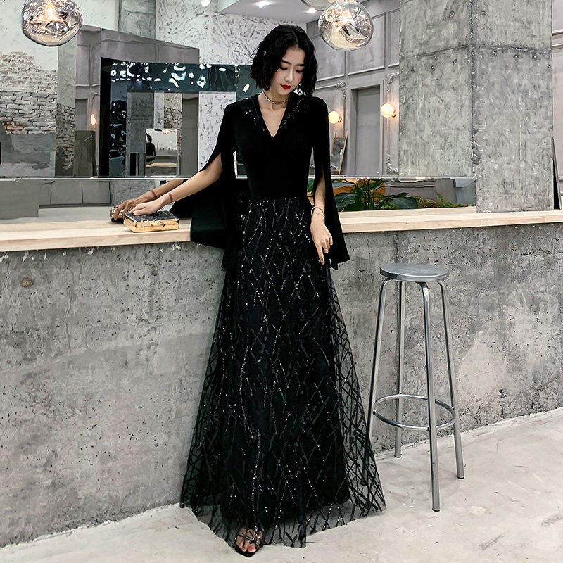 晚礼服女2023新款高端大气优雅黑色年会气质声乐艺考礼服显瘦宴会_虎窝淘