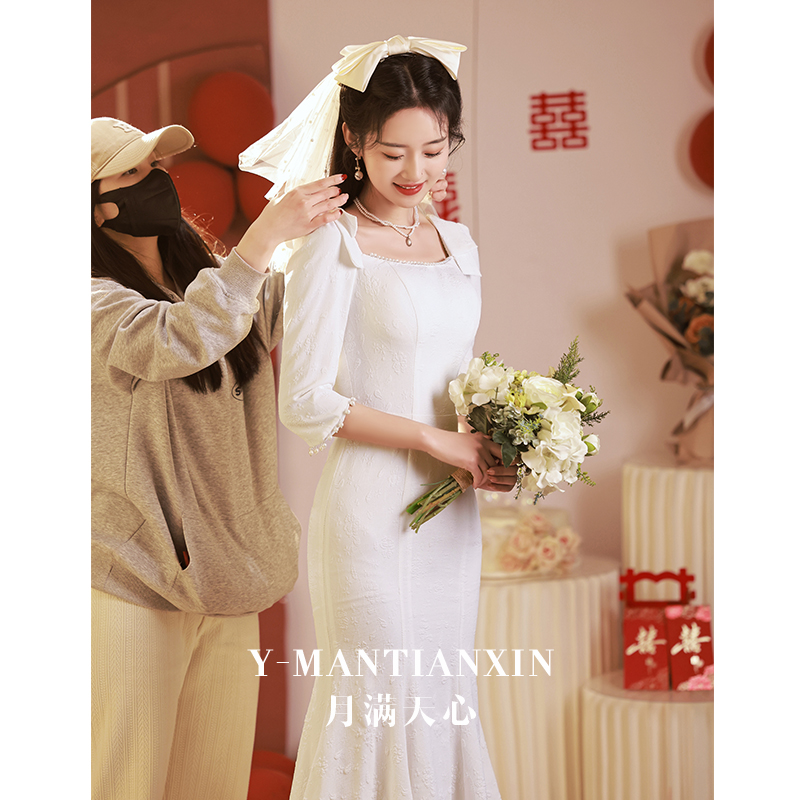 法式小白裙高级感订婚礼服轻奢婚纱 月满天心礼服/晚装