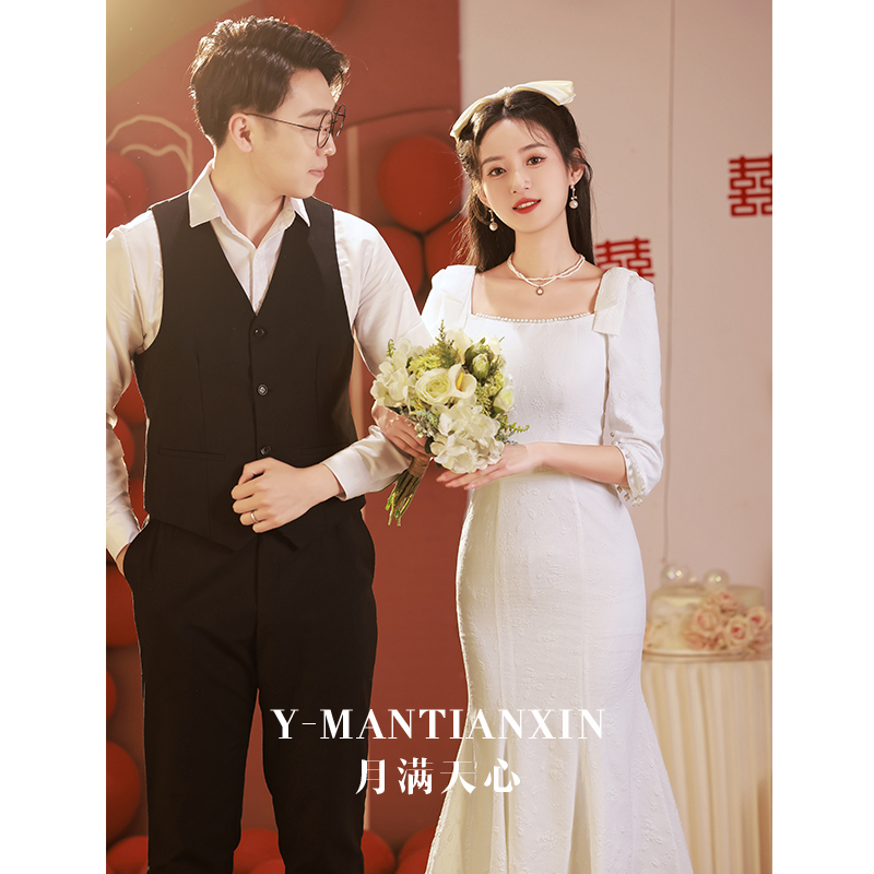 法式小白裙高级感订婚礼服轻奢婚纱 月满天心礼服/晚装