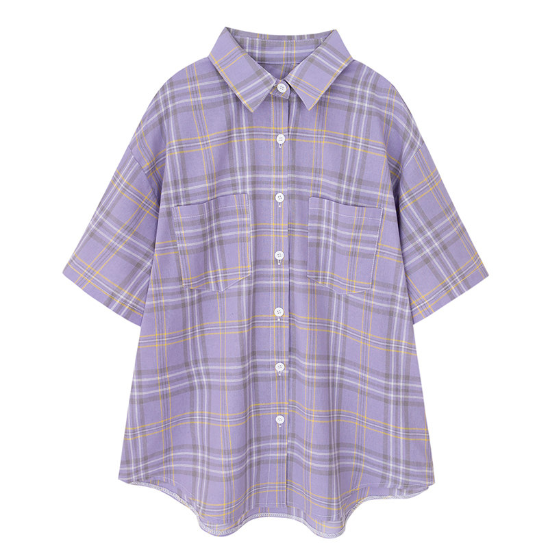 2020年夏新款紫色格子女短袖感衬衫 帕奴丝衬衫