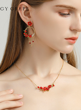 设计师款红色海棠花珐琅项链女