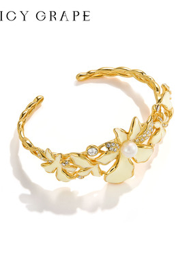 【绽放】白色花朵镶钻开口手镯女