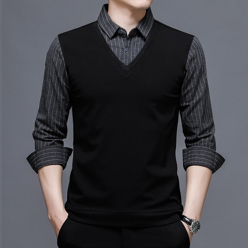 秋冬季加绒假两件男衬衫领t恤中年 恩郎T恤