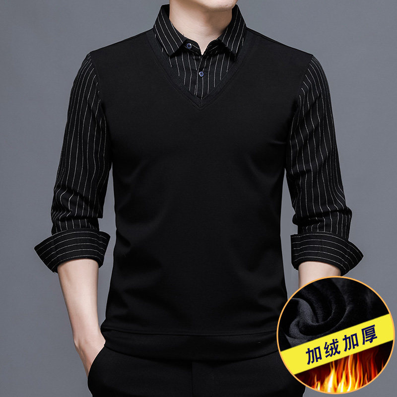 秋冬季加绒假两件男衬衫领t恤中年 恩郎T恤