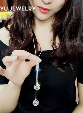 闪亮锆石四叶草长款流苏毛衣链