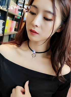 黑色几何菱形项链女短款颈链