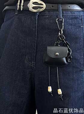 ins美式复古迷你PU小包挂件粗链条编织绳方珠耳机保护套腰带挂饰