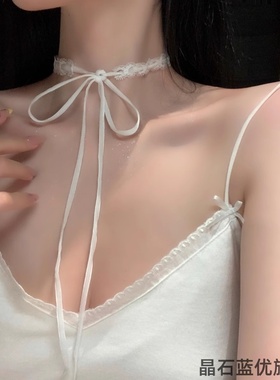 甜酷白色蕾丝绑带项链女