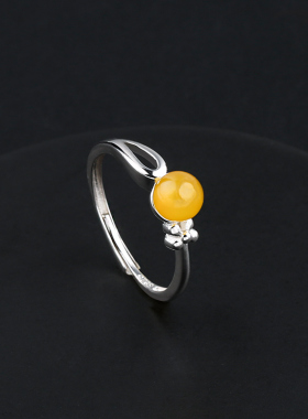 纯银小花戒指女款镶嵌蜜蜡琥珀