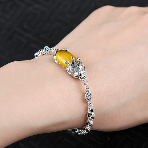 S925银金钱貔貅手链空托 o字链手链镶嵌蜜蜡琥珀男女手链托8*13mm - 图0