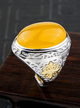 镀黄金镶蜜蜡绿松石情侣戒指空托